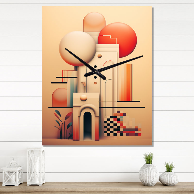 Charmante ville rétro, illustration boho rétro - horloge murale moderne surdimensionnée, H 32 po x l 24 po x P 1 po