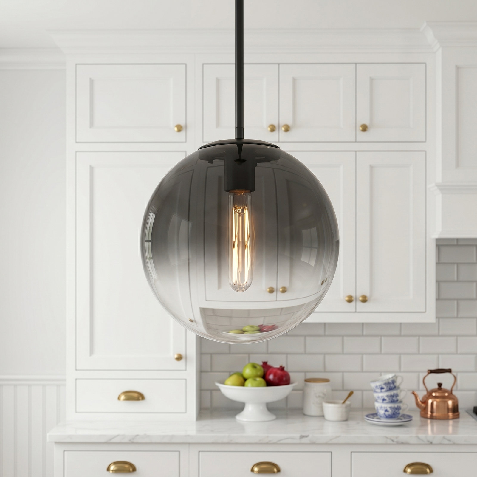 9" Glass pendany light, Matte Black, Black