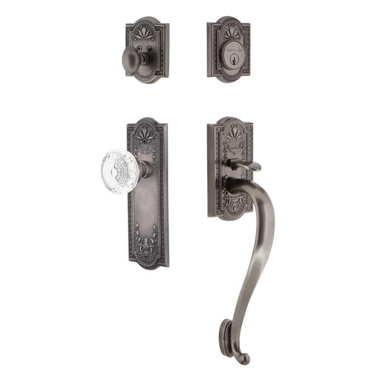 Nostalgic Warehouse Meadows Plate S Grip Handleset with Single Cylinder Deadbolt and Crystal Meadows Knob