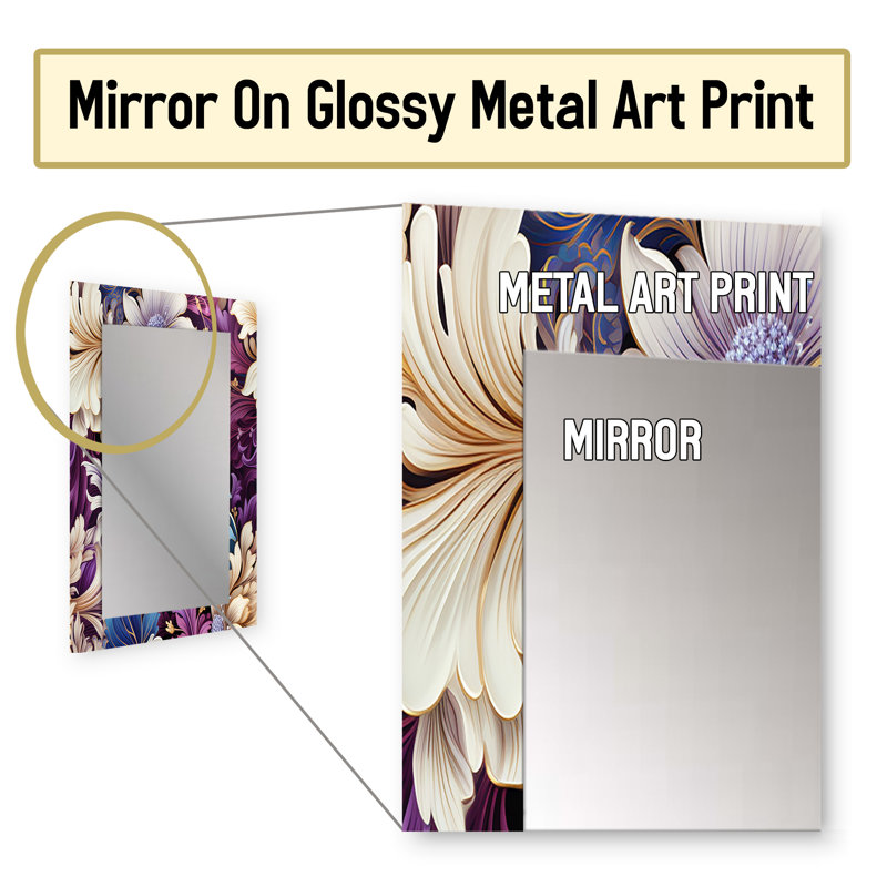 Ahais Gatsby Paisley Deco - fleurs bleues et mauves - miroir floral, miroir mural décoratif de campagne, impression d'art en métal