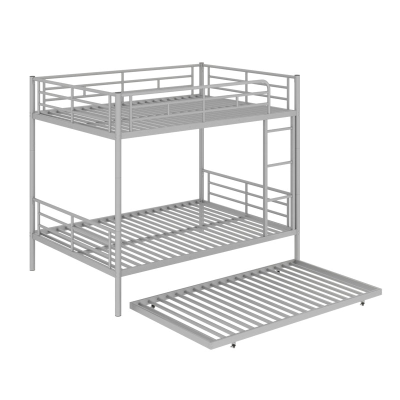 Metal Bunk Bed with Trundle, Silver, Full Over Full