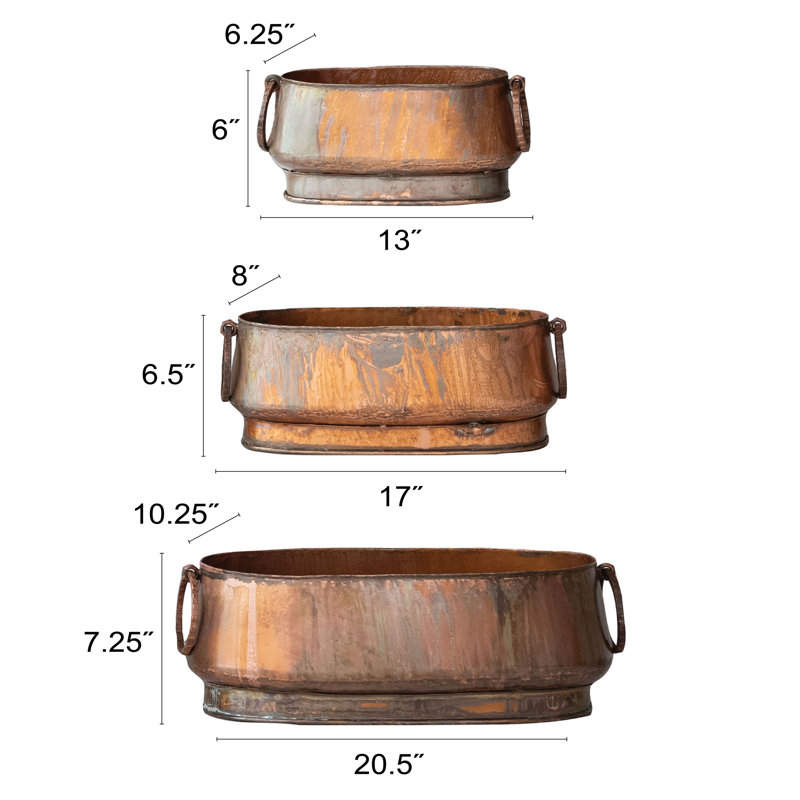 3-Piece Oval Metal Planters With Ring Handles