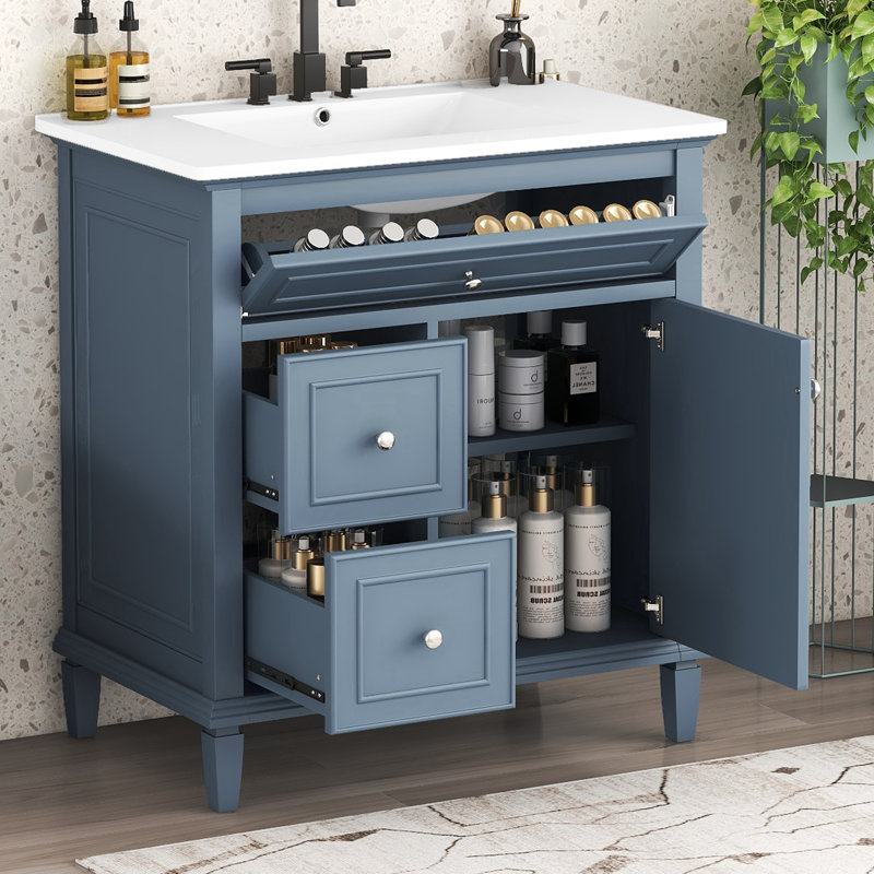Meuble-lavabo Mid-Century 30 po avec lavabo en céramique, Bleu gris