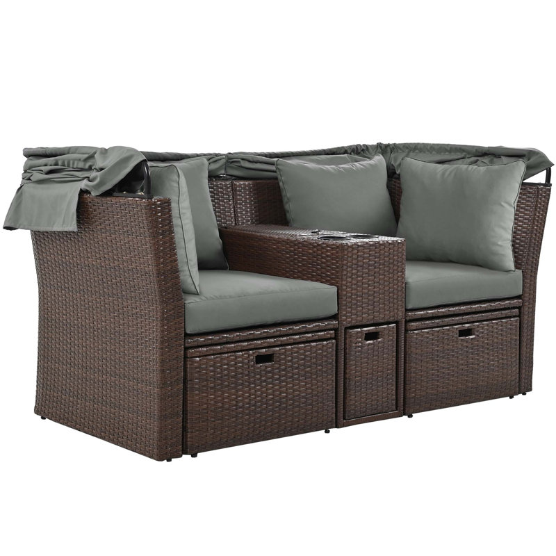 Ensemble de canapé-lit d'extérieur double 2 places avec auvent pliable et coussins pour le jardin, le balcon, le bord de la piscine, gris