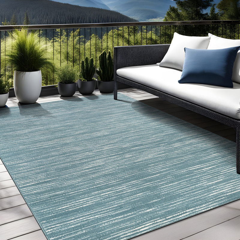 Tapis rayé intérieur / extérieur, Teal, Rectangle 5' x 7'