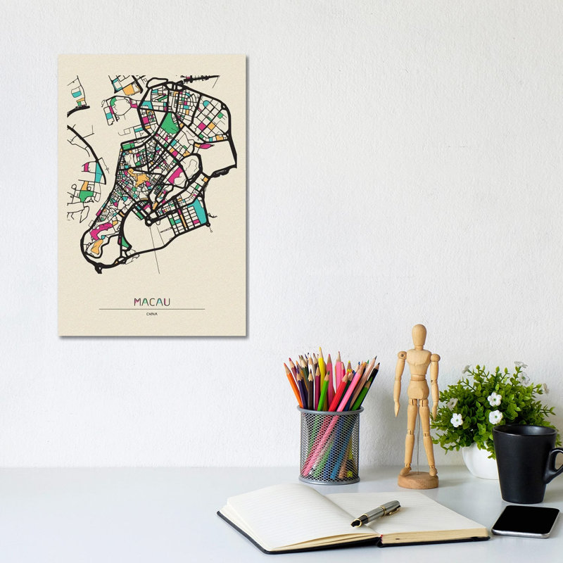 Macau, China Map by Ayse Deniz Akerman - Wrapped Canvas Print, 20.32 cm H x 30.48 cm W