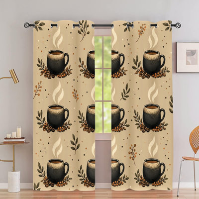 2PCS Grommet Top Blackout Window Curtains, Artistic Coffee Cup Beverage Pattern Polyester Printed Drapes, Thermal Insulated, Noise Reducing, Privacy Protection, Room Darkening Decorative Window Coverings for Living Kitchen Bedroom Indoor Home Decor