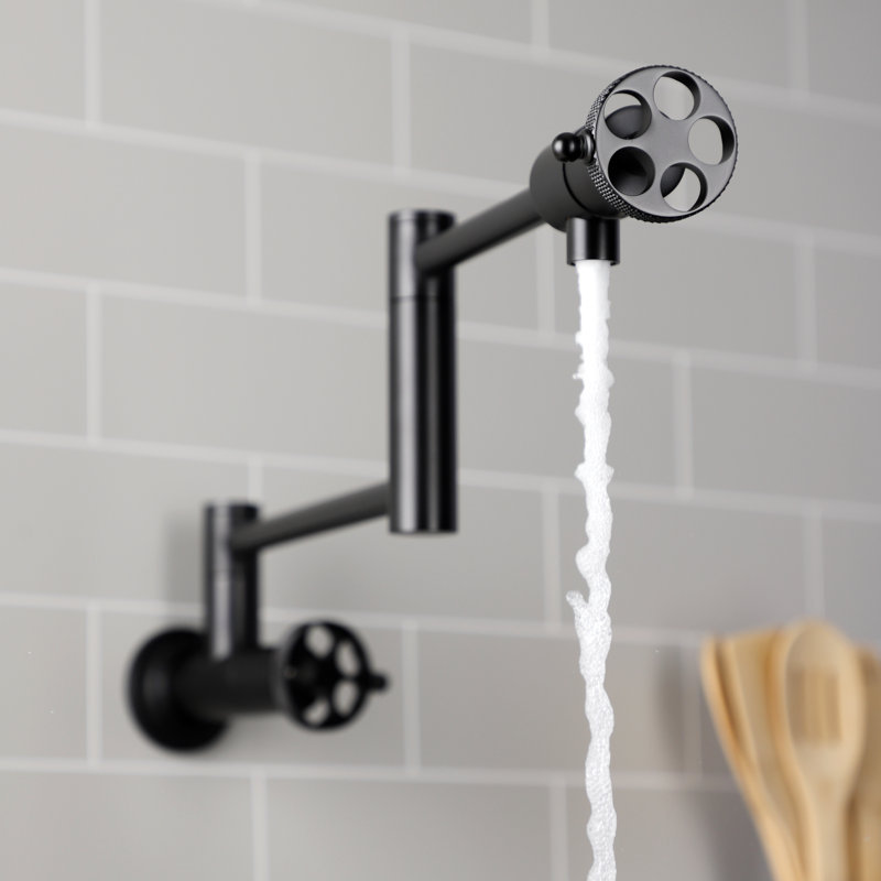 Kingston Brass Webb Two-Handle 1-Hole Wall Mount Pot Filler Faucet with Knurled Handle, Matte Black