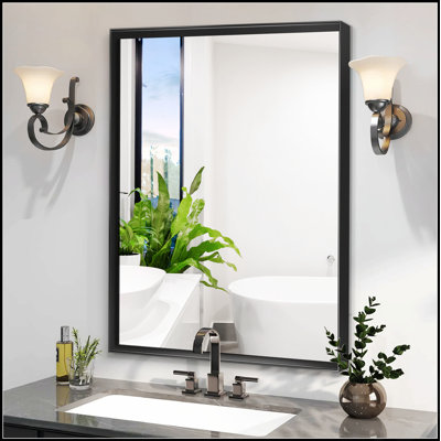 36X30 Inch Glossy Black Bathroom Mirror With Beveled Edge, Rust-Resistant Frame, And Versatile Hanging Options For Modern And Industrial Decor