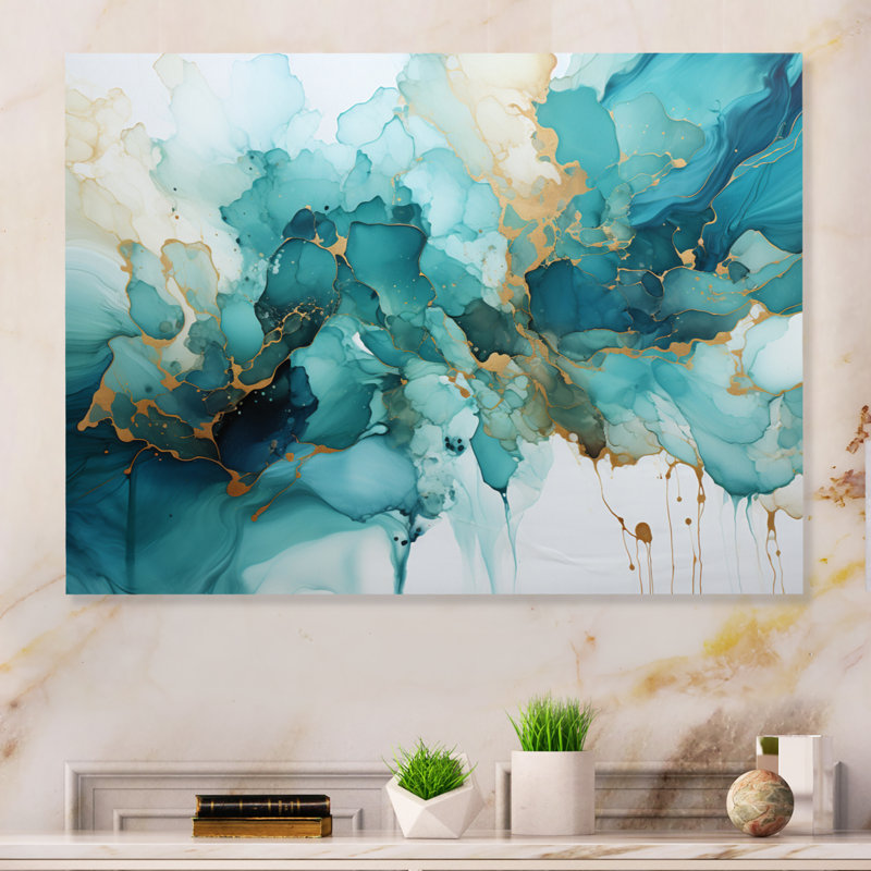 Bleu sarcelle or abstrait fractal mystique mirage III - impression d'art moderne en métal, H 12 po x l 20 po
