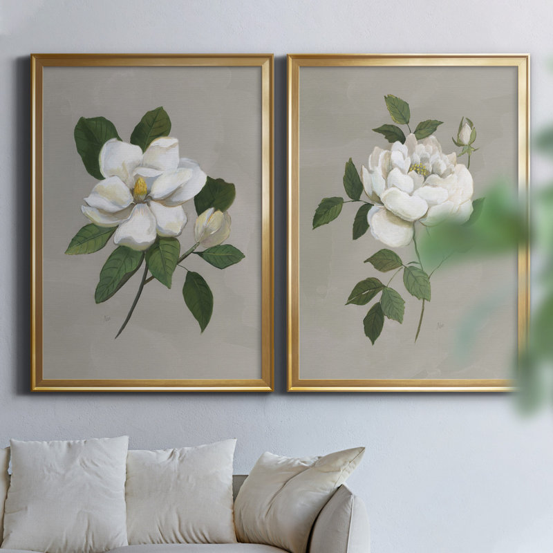 Magnolia botanique - ensemble de 2 reproductions d'art, H 18,5 po x l 49 po x P 1,5 po, Toile encadrée dorée, Pas de tapis