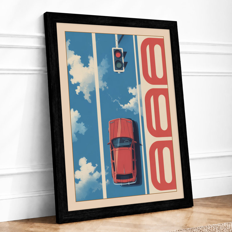 Red Car on Blue Road Retro - Framed Print, Black, A4 - 29.7 x 21.0 cm