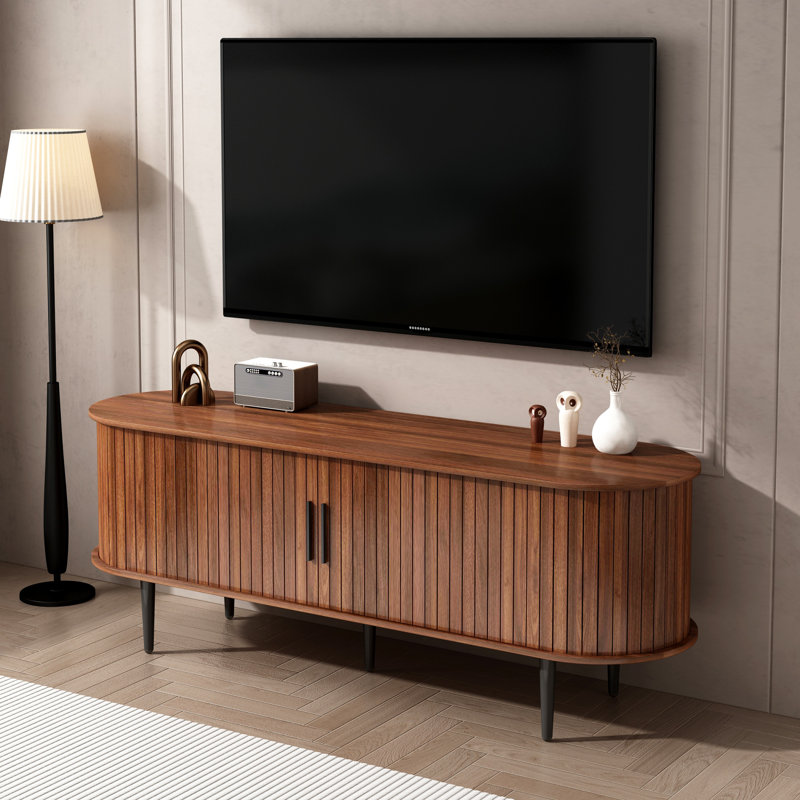 Meuble télé Mid-Century de 55 po avec porte coulissante pour petits espaces