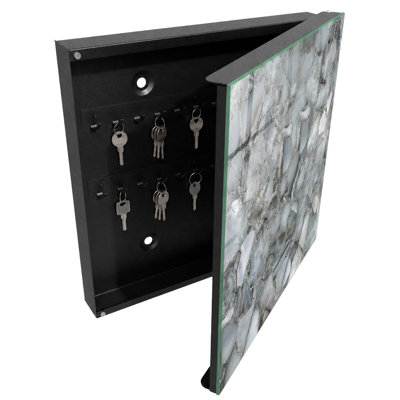 Key cabinet for home, Opens to the left, 30x30x5, White, Gray stone mosaic perfect for modern interiors, 
