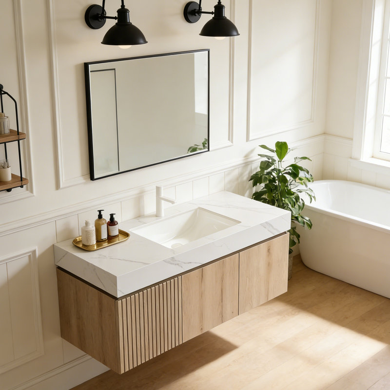 Meuble-lavabo flottant avec espace de rangement multifonctionnel et trou de robinet simple, Chêne blanc