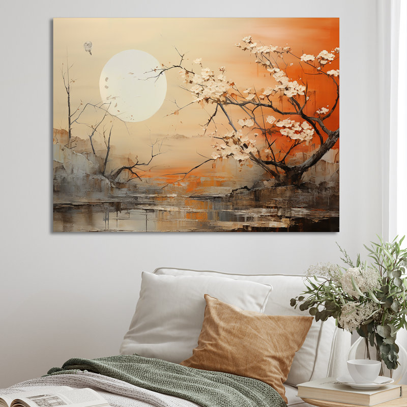 «Moon On Tangerine Twilight Landscape», impression d'art mural lune, Toile tendue, H 16 po x l 32 po x P 1 po