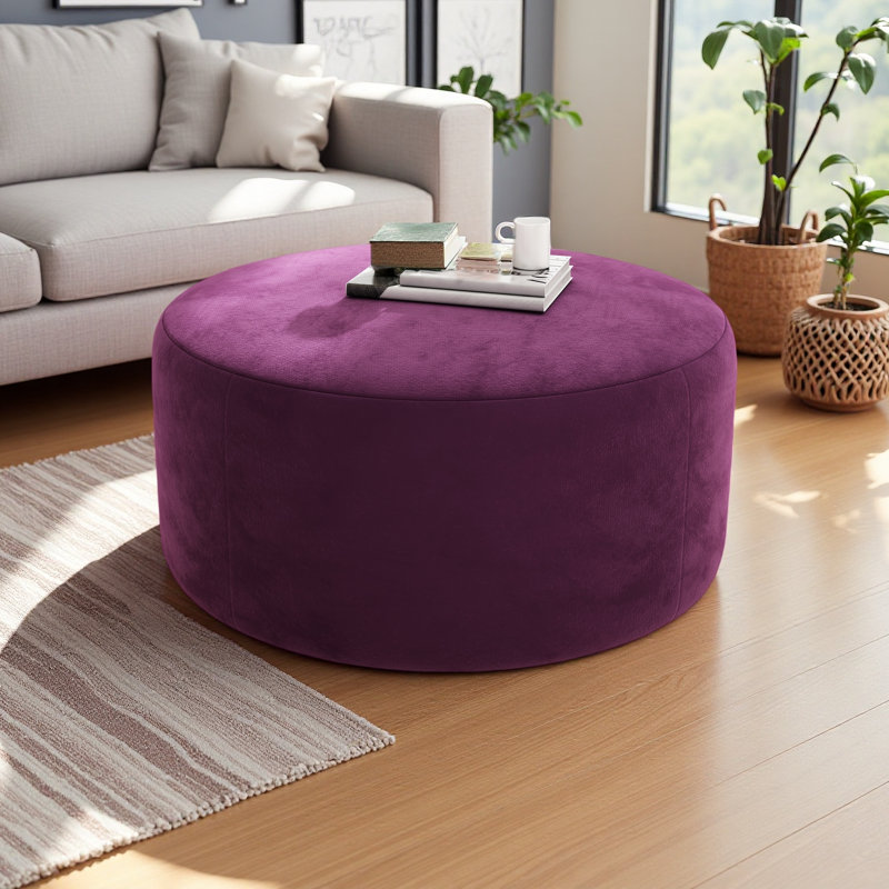 Upholstered Round Ottoman, Light Green Velvet