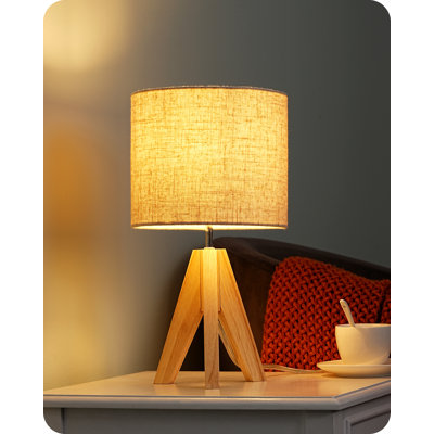 36Cm Wood Tripod Table Lamp With Linen Shade (Bulb Included)