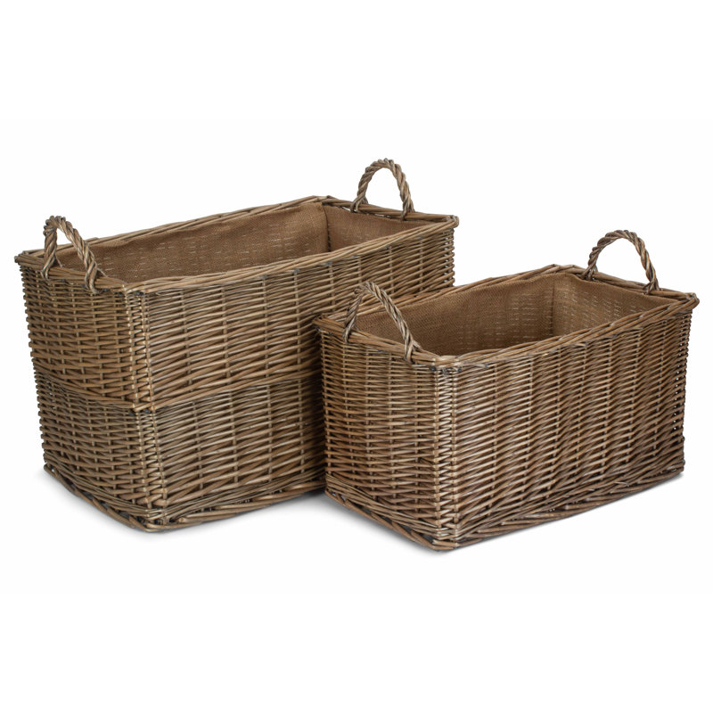 Rectangular Hessian Lined Wicker 2 Piece Storage Basket Set