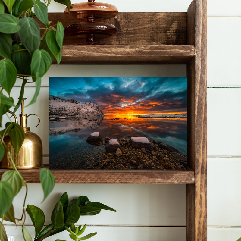 Dramatic Winter Sunset Reflection Colorful Dramatic Peaceful Coastal Landscape Wall Art Print 1 Piece Wrapped Canvas Wall Art