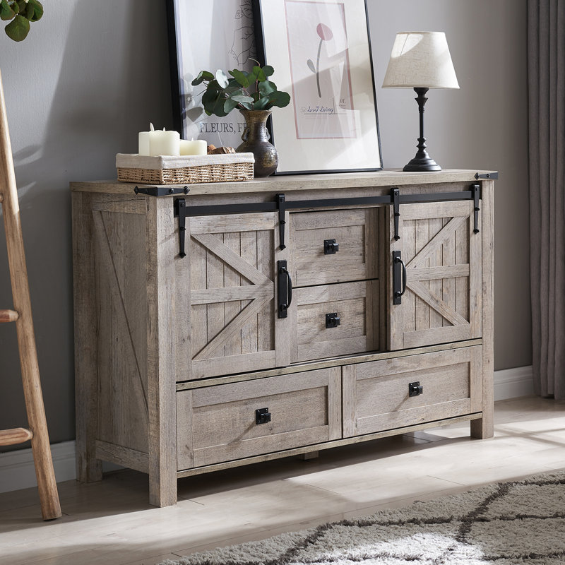 Terramuggus 48"W Farmhouse Chest of Drawers, Bedroom Dresser with 4 Drawers & Sliding Barn Doors, Light Rustic Oak