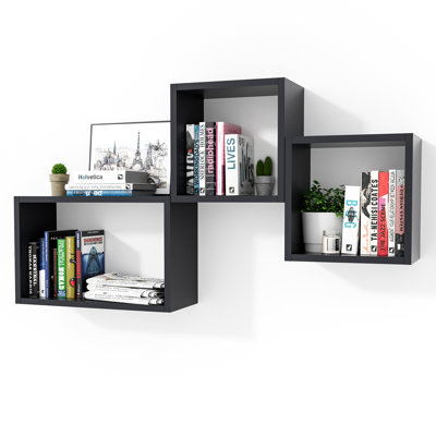  Wall Mount Cube Shelf Set Of 3,Floating Cube Shelves For Space Discovery, Black