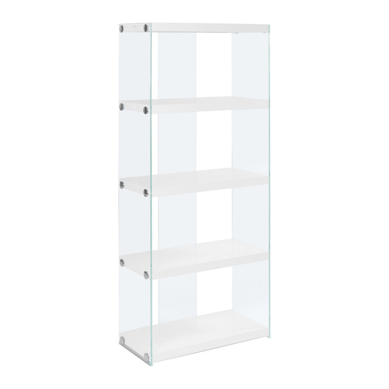 Bookshelf, Bookcase, Etagere, 5 Tier, Office, Bedroom, Glossy White Laminate, Clear Tempered Glass