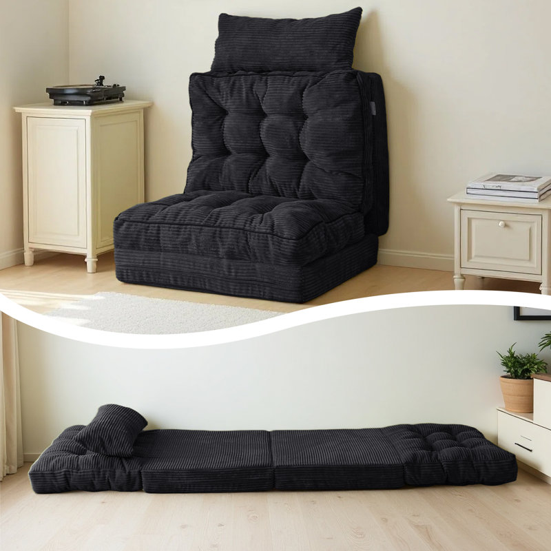 Canapé-lit Corduroy, Velours côtelé noir, 4.7" H x 37" W x 89" D