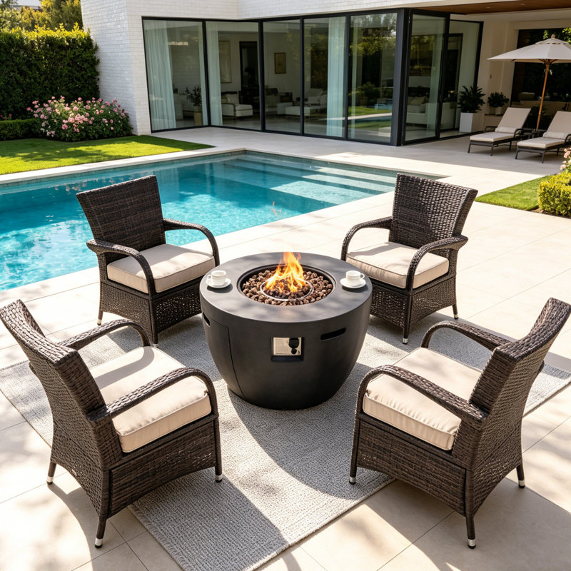 Ensemble de conversation pour patio pour 4 personnes en osier toutes saisons avec coussins, Brun