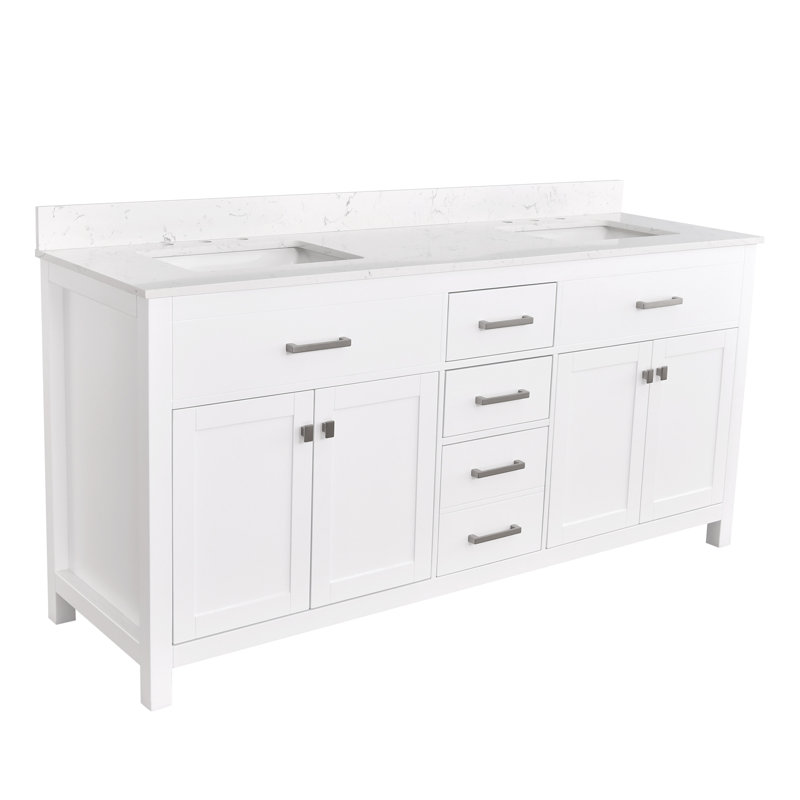 72-In White Undermount Double Sink Bathroom Vanity With White Marble  Top