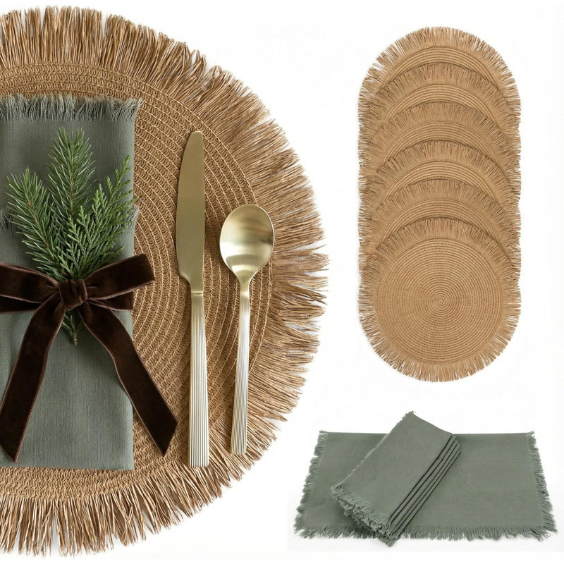 Ensemble de 6 napperons de table Boho avec serviettes assorties texturées de lin