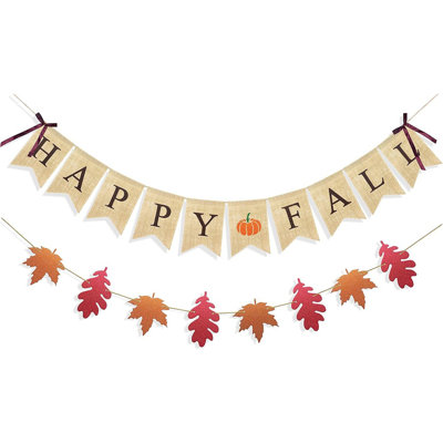 Happy Fall Banner With Pumpkin Maple Leaves Sign Garland Fall Thanksgiving Day Decorations Mantle Fireplace Hanging Bunting