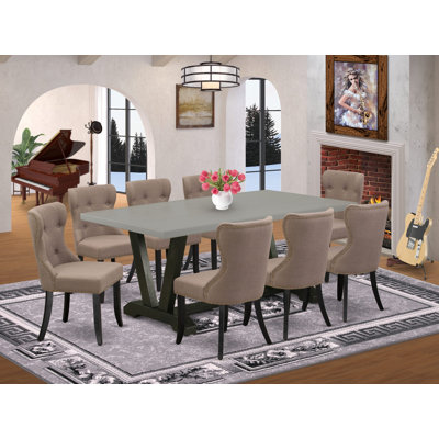 Ensemble de table de salle à manger 9 pièces composé d'une table moderne en ciment et de 8 chaises de salle à manger en tissu de lin café - Finition du dossier brossée