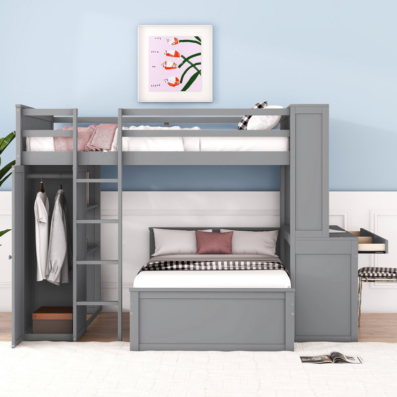 Lit mezzanine double multifonctionnel avec lit simple, bois massif, finition grise pour les espaces compacts