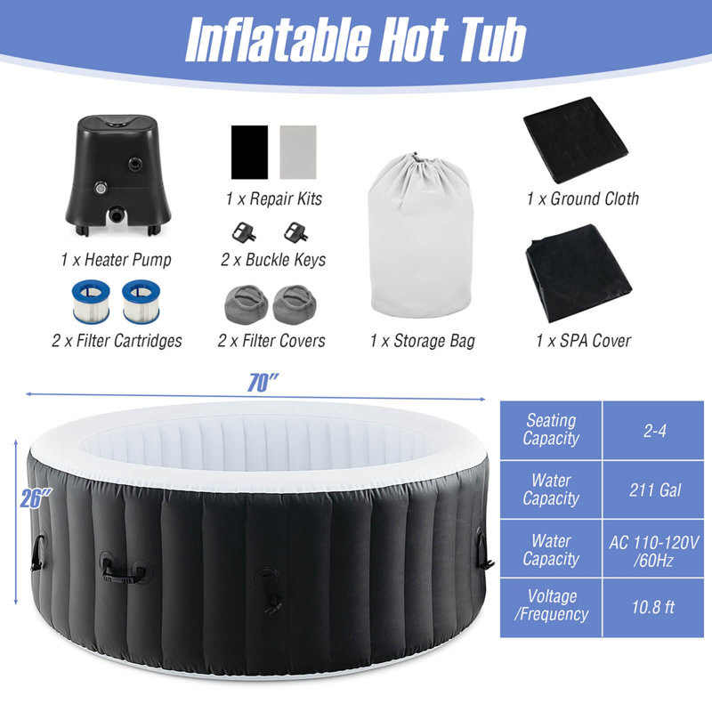 Costway Round Spa Pool Inflatable Hot Tub With 110 Air Jets Electric Heater Pump, 211 oz.