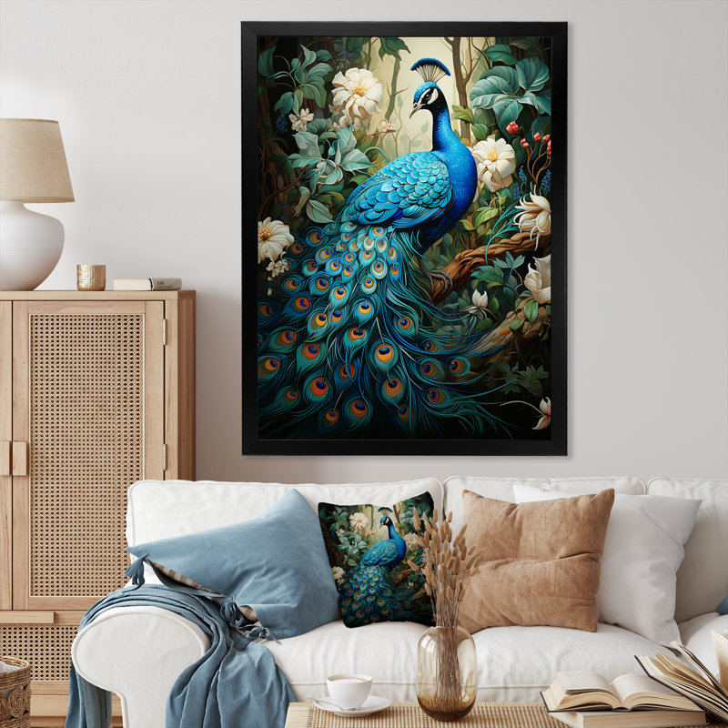 Zellie Teal Peacock - monochrome, art mural paon, Cadre photo unique, H 44 po x l 34 po, Noir
