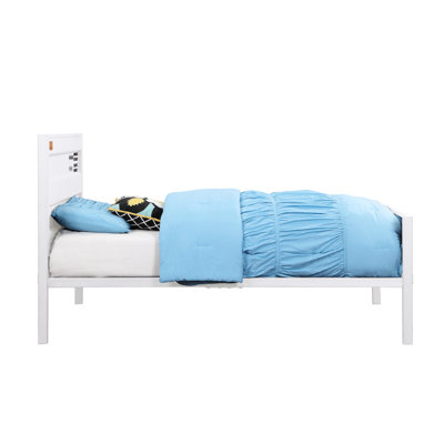 Lit double avec finition cargaison blanche, fabrication en métal, conception de panneaux encastrés, style de contenant, pieds droits, 21 lattes et pas besoin de sommier, poids du produit 76 lb, poids du colis de 84 lb