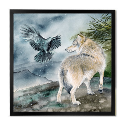 " Wolf And A Raven On A Hill Under Falling Snow "