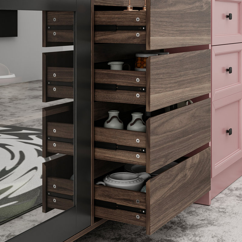 Brokaw 62.9'' Wide Elegant Dining Cabinet with Glass Doors & Drawers – 3 Colors, Dark Brown