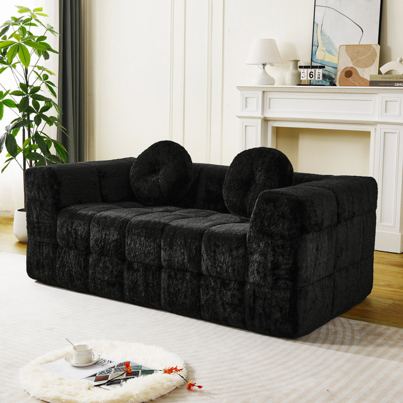 Canapé 66,5 po sans os avec deux coussins décoratifs circulaires, tissu en polyester à poils longs texturé litchi doux pour la peau, canapé à carreaux en mousse à carreaux