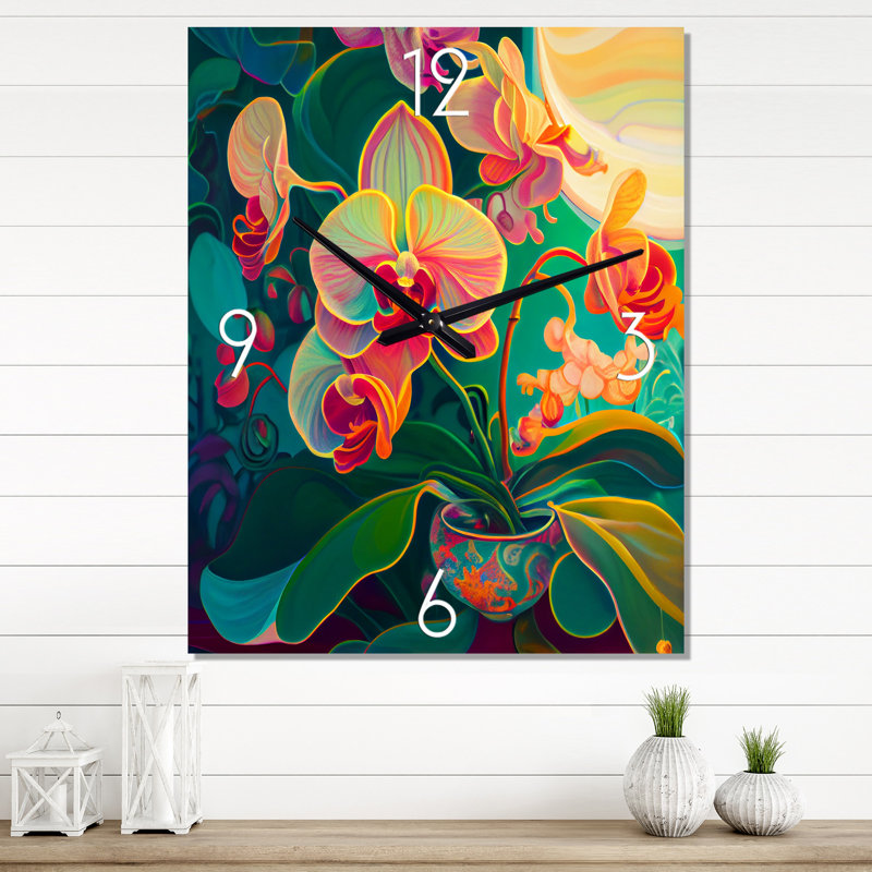 Orchidée en fleurs aux couleurs vives rétro III - Horloge murale moderne, Moyen