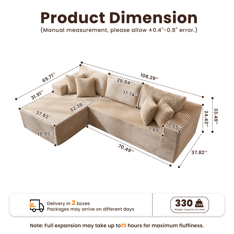 Vivelle 108'' Cloud Upholstered Boneless Sectional Couch With Chaise L-Shape Modern Modular Sofa For Living Room Bedroom No Assembly Required