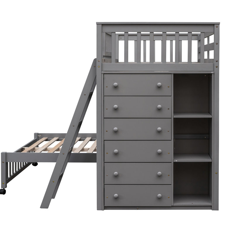 Lit superposé en bois gris avec lits simples superposés, six tiroirs et fond amovible avec motifs de tablettes de rangement réglables