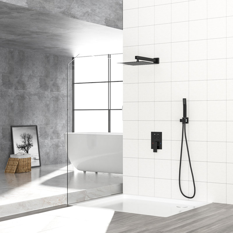Pomme de douche carrée 12 po double système mural noir mat - Scald équilibré, douche de pluie mince réglable 360, poche pour une utilisation personnalisée avec valve équilibrée, rotation, facile à
