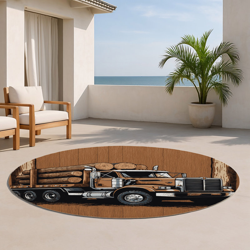 Transportation Brown Indoor and Outdoor Area Rug, Round 5'