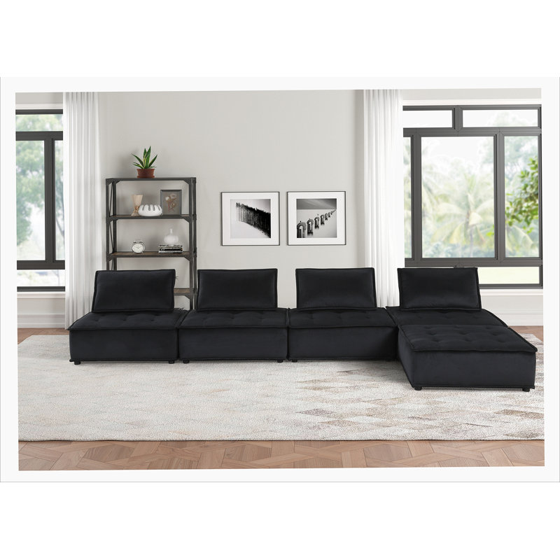 Canapé modulaire 5 pièces en velours avec repose-pieds noir, H 29 po x l 80 po x P 80 po