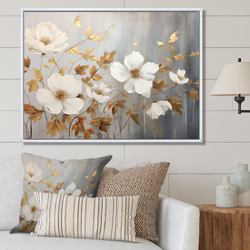 Transitions florales beiges et dorées, sérénité sur toile, Cadre flottant blanc, H 24 po x l 32 po x P 1 po
