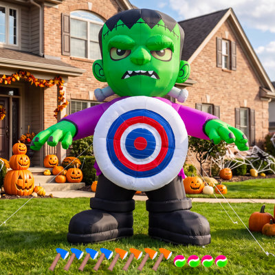 Jeu de lancer de haches gonflable Wellcomer de 3 m avec souffleur intégré, cible de lancer de balles Frankenstein pour Halloween, avec 8 haches souples et 4 balles pour carnavals, fêtes et événements