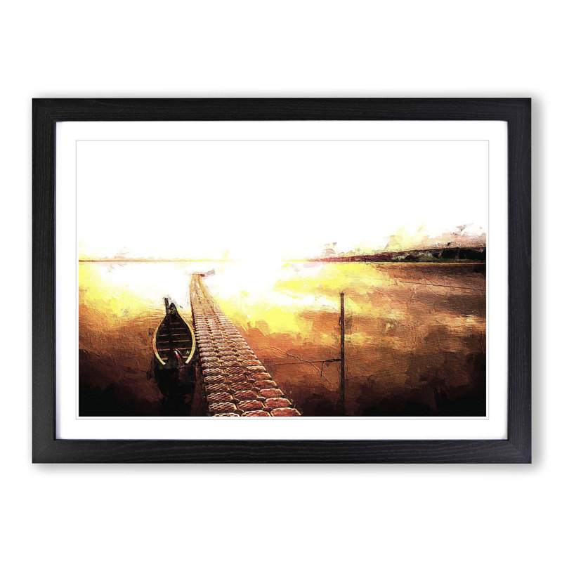 Docked Boat During an Orange Sunset - Picture Frame Painting Print, 36cm H x 48cm W x 2cm D, Black Framed