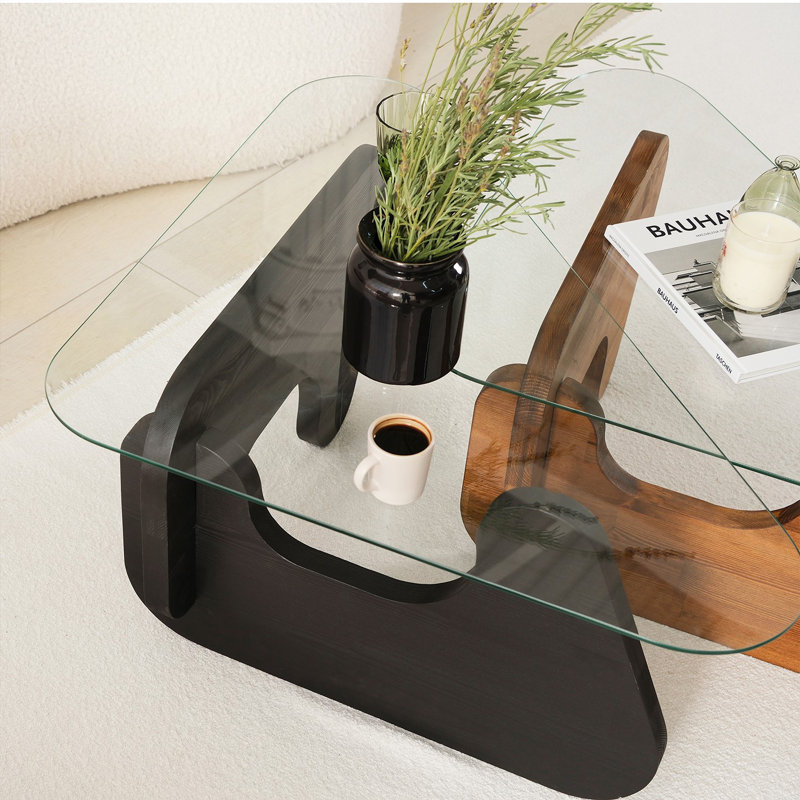 Modern Nesting Table Set (2 Pieces), Black & Chestnut, 37.0 x 15.4 x 28.3 inches & 33.9 x 14.2 x 24.0 inches | 100% Tempered Glass Top, 100% Pine Solid Wood Frame | Stylish Compact Design for Home & Office Use